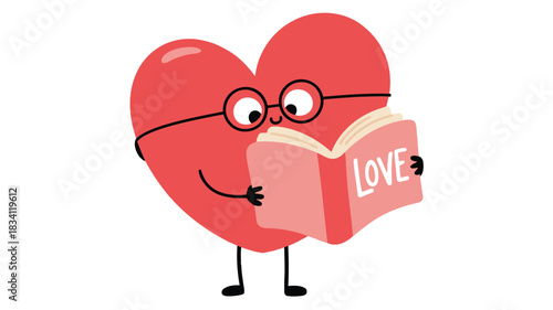 Cartoon heart character wearing glasses reading a book about love