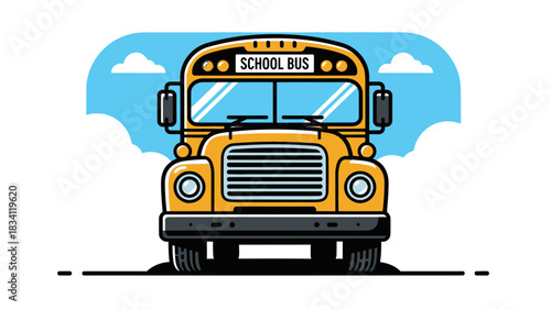 Front view of a classic yellow school bus illustration, a symbol of student transportation and education