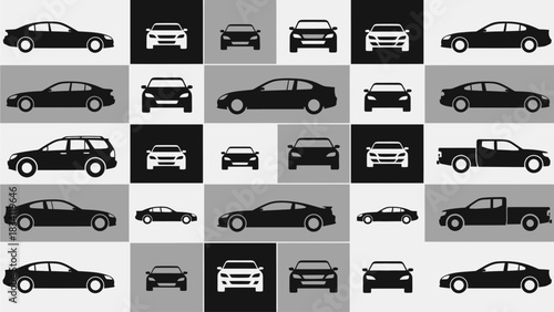 Graphic collection of diverse automobile silhouettes. This vector icon set includes multiple car and truck models shown in front and side views for transportation design