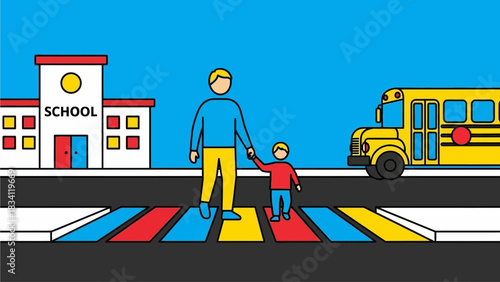 Father and son holding hands while walking on a colorful crosswalk towards a school, illustrating pedestrian safety and education