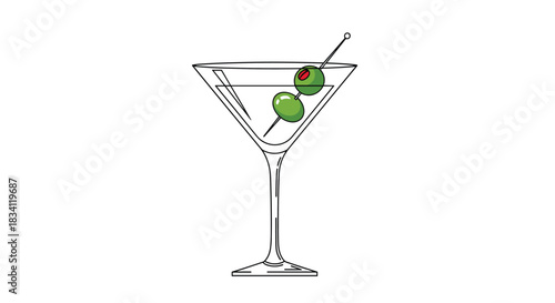 A classic martini cocktail, elegantly served in a stemmed glass and garnished with two vibrant green olives on a pick, against a clean white background.