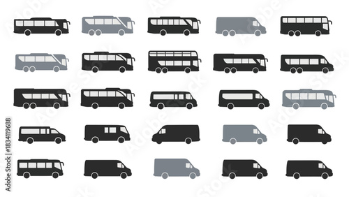 Comprehensive collection of flat silhouette icons featuring various buses, vans, and minibuses, representing public transport and commercial vehicle fleets