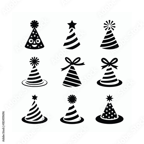 Collection of nine black and white illustrated party hats with various decorative elements