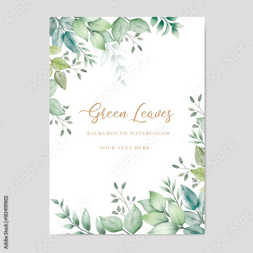 Watercolor green leaf background and template.used wedding birthday and funeral invitations