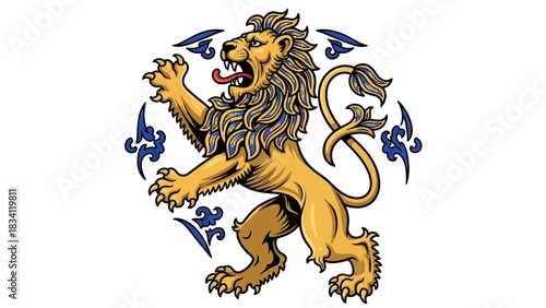 Classic illustration of a majestic rampant lion crest, a regal symbol for a coat of arms, isolated on a white background