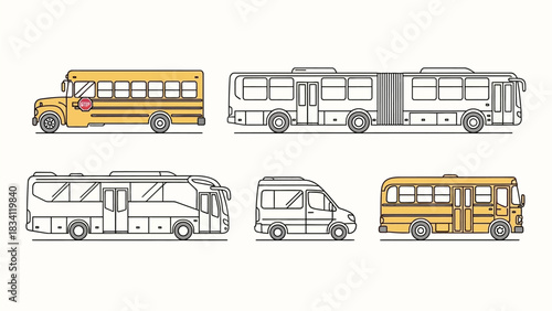 A comprehensive vector collection of bus illustrations, featuring colored school buses and line art outlines of public transport vehicles