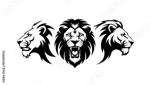 A powerful set of three lion head illustrations, featuring a fierce roaring mascot and two regal profile views in a bold black and white vector style