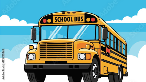 A detailed vector illustration of a classic yellow school bus against a blue sky, symbolizing education and student transportation