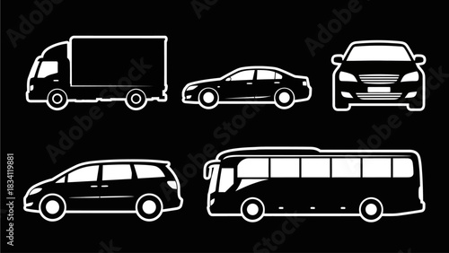 A diverse vector collection of transportation vehicle icons. This graphic set includes a car, truck, bus, and van as white outline silhouettes