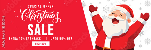 Festive Christmas sale web banner with bold red typography, extra cashback and up to 50 percent off offer, cheerful cartoon Santa Claus on snowy white background, perfect for holiday retail marketing 
