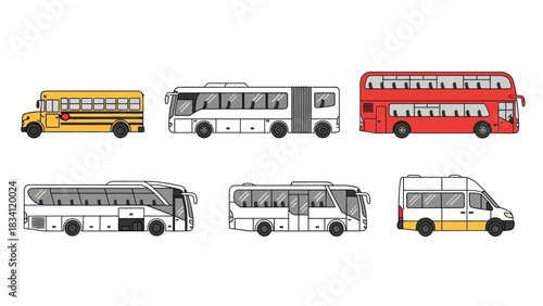 A comprehensive vector illustration set showcasing various types of buses, including a school bus, city transit, double-decker, and coach