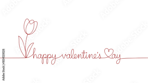 Elegant single line drawing of a tulip and happy valentines day text