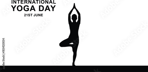 International Yoga Day, 21st June, Tree Pose Silhouette, Balance, Meditation, Health, Wellness, Harmony, Spirituality, Black Vector