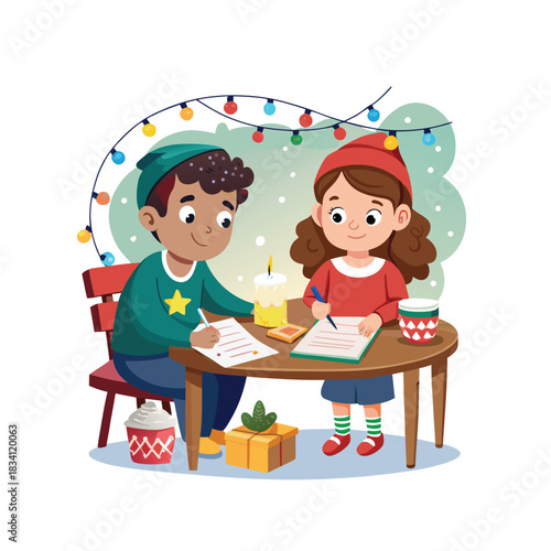 Children writing letters to Santa at a cozy wooden table with cookies, milk, and soft Christmas lights.

