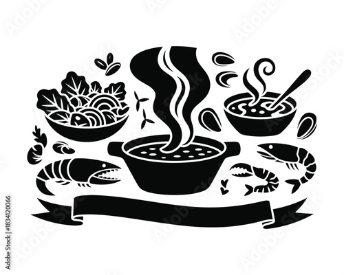 Seafood soup vector illustration with shrimp and noodles in black and white