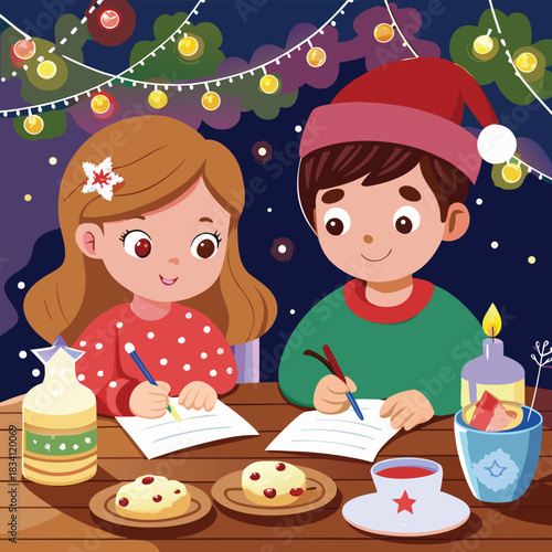 Children writing letters to Santa at a cozy wooden table with cookies, milk, and soft Christmas lights.

