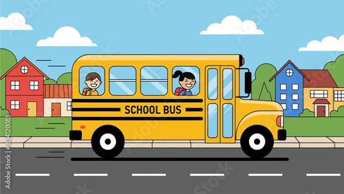 Cartoon illustration of a yellow school bus with happy children riding through a suburban neighborhood on their way to school