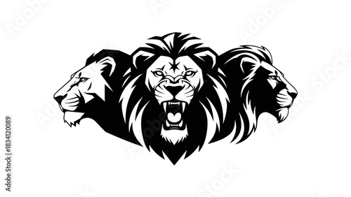 Bold black and white vector illustration of three fierce lion heads, a powerful symbol of trinity, strength, and wild majesty
