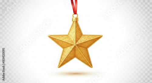 A single ornate gold star christmas ornament with intricate swirling patterns hangs from a red ribbon against a transparent white background with a subtle shadow