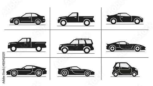A diverse collection of vehicle icons shown in side profile. Vector illustration set featuring various car silhouettes including trucks, sedans, and coupes