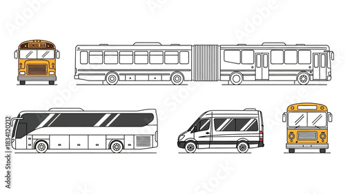 A diverse collection of bus illustrations, featuring school buses, an articulated city bus, a modern coach, and a passenger van in line art style