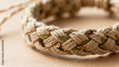 Braided linen cord bracelet with green accents on neutral background  