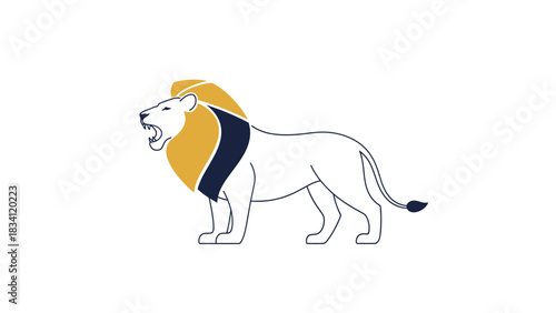 Elegant standing lion with a golden mane, a modern vector symbol of power and nobility isolated on a white background