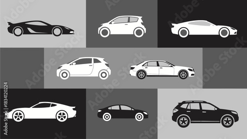 A diverse collection of modern car silhouettes presented in a monochrome graphic style. Vector icons showing side profiles of various automobile body types for transportation design concepts