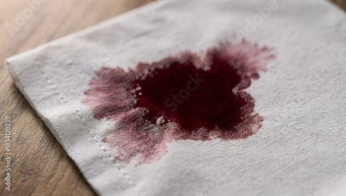 Red wine stain on white napkin placed on wooden surface  