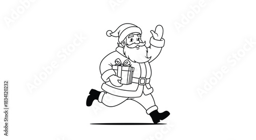 Jolly cartoon Santa Claus is depicted running with a wrapped Christmas gift, waving cheerfully during the festive season.