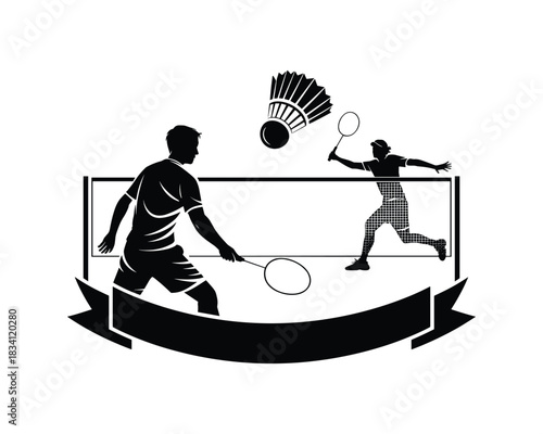 Badminton players silhouette with shuttlecock and net for sport competition