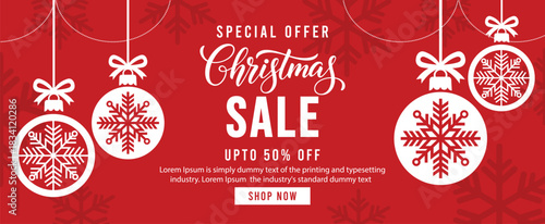 Festive red Christmas sale banner with hanging snowflake ornaments, bold holiday typography and up to 50 percent off offer, modern seasonal web header background ideal for retail marketing promotions.