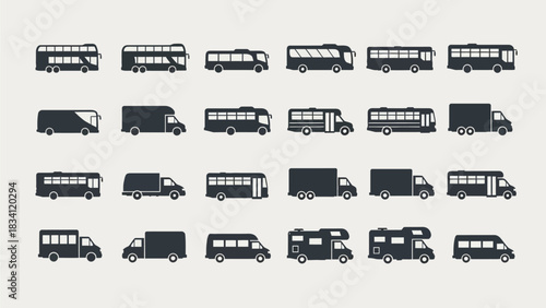 A collection of monochrome vehicle icons showing side profiles of various automobile types. This set includes a sedan, SUV, pickup truck, and sports car in a flat vector graphic style