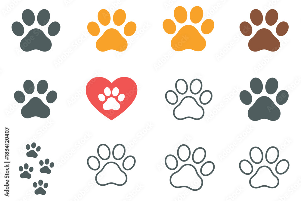 Fototapeta premium Paw print illustration arranged in a neat grid with various styles