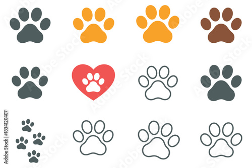 Paw print illustration arranged in a neat grid with various styles