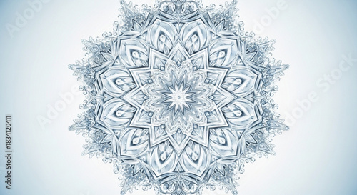 Intricate ice mandala snowflake pattern with delicate crystalline structures and fractal symmetry on a soft blue gradient background representing winter beauty and frozen abstract art