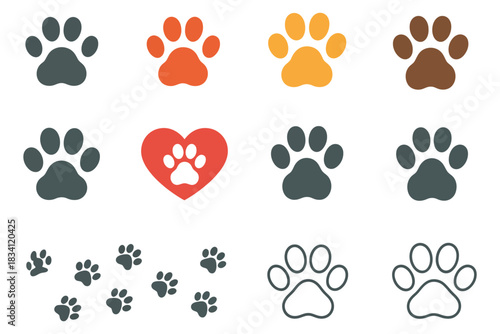 Paw print illustration arranged in a neat grid with various styles
