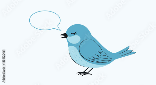 A cute blue cartoon bird with closed eyes appears to be singing or speaking, with an empty speech bubble for text or ideas.