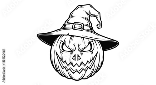 Black and white line art illustration of an angry jack-o'-lantern wearing a witch's hat, perfect for Halloween decorations.