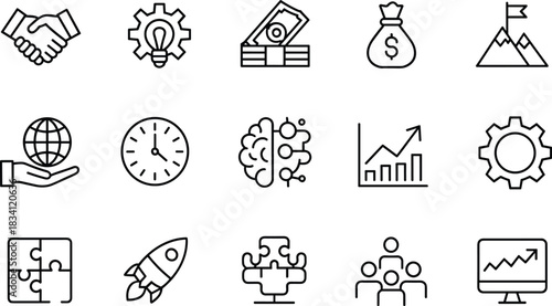 Business icon set, innovation symbols, finance tools, teamwork, strategy, growth, AI, productivity, global outreach, vector illustration