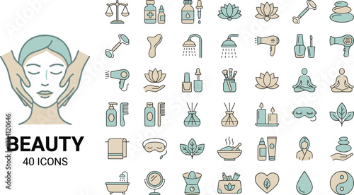 Beauty icons, wellness symbols, skincare tools, spa therapy, facial care, self-care concept, natural products, hygiene, health, relaxation