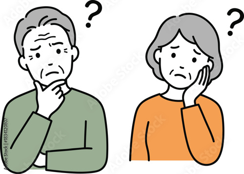 Confused elderly couple cartoon, senior confusion illustration, aging mental health concept, puzzled expression, question mark, dementia awareness, vector art