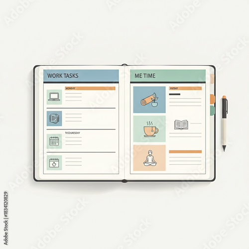 Clean illustration of an open weekly planner showing work tasks on one side and me-time activities on the other, promoting balance, productivity, and self-care Vector illustration