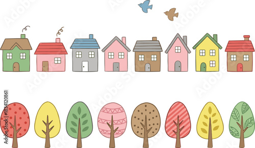 Cute Hand-Drawn Townscape Illustration of Colorful Houses and Autumn Trees with Flying Birds in a Charming Whimsical Doodle Style Vector Graphic