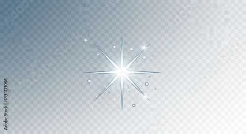 A bright white starburst with sharp points radiates light and sparkles against a subtle transparent grey checkered background with small scattered dots and circles