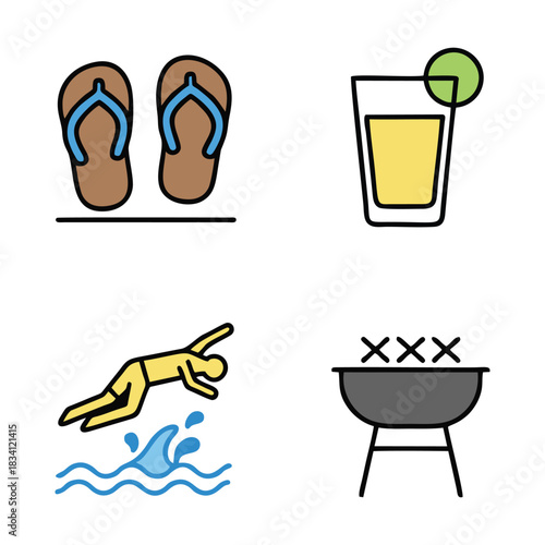 Summer Fun and Vacation Icons: Flip-Flops, Diving, Cocktail, and BBQ Grill