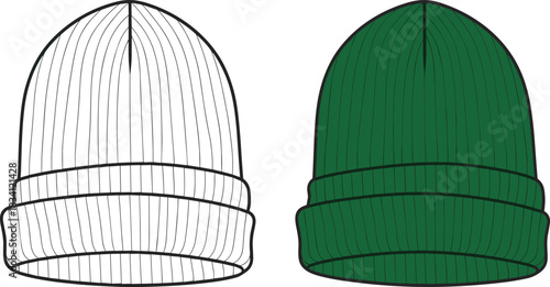 Front view flat sketch and colored illustration of a knitted beanie hat knitted hat winter hat
