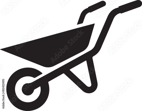 Black wheelbarrow vector icon for construction or gardening work isolated on transparent background