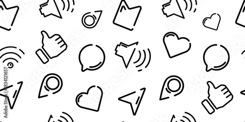 Seamless pattern of black social media line icons on a white background, for UI design, mobile apps, wallpaper, textiles, websites, social media templates, and digital branding. Vector illustration