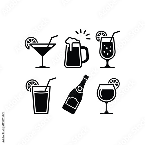 Collection of six stylized black and white beverage icons including cocktails beer and wine